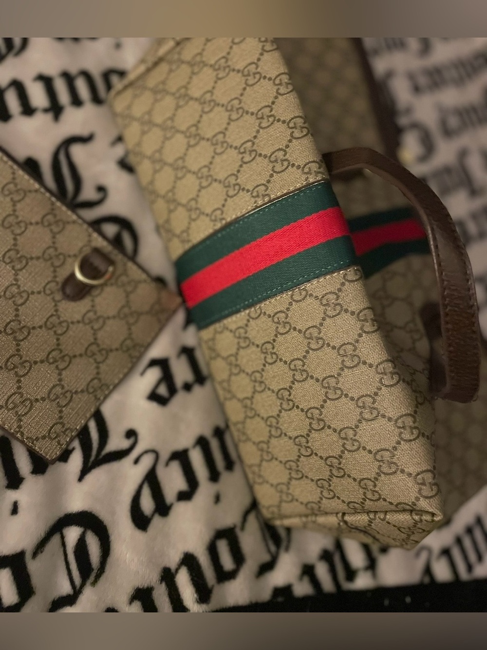 Gucci Brown Beige GG Canvas Tote with Green-Red Stripe - Picture 7 of 9